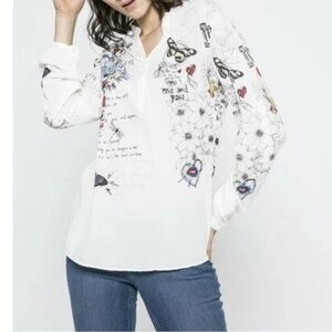 [M/L] Desigual White Graphic Long Sleeve Button Pullover Rayon Shirt